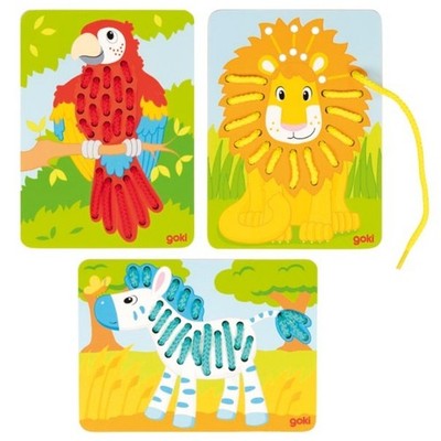 goki Fädelspiel Tier-Trio 58686 - Spielzeug mit Löwe, Papagei und Zebra 9 Teile