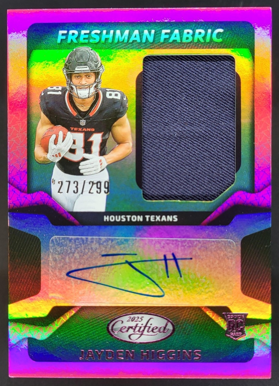 2025 Panini Certified Jayden Higgins Freshman Fabric Pink /299 MEM RC Auto RW