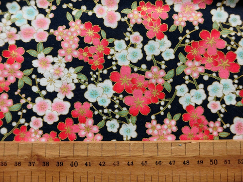 Dk Blue Japanese Kimono Oriental Style Sakura Gold Foil Cotton Fabric, 56x145cm - Picture 3 of 12