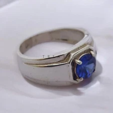 Blue Sapphire Round Cut Gemstone With 925 Sterling Silver Ring For Men's #839