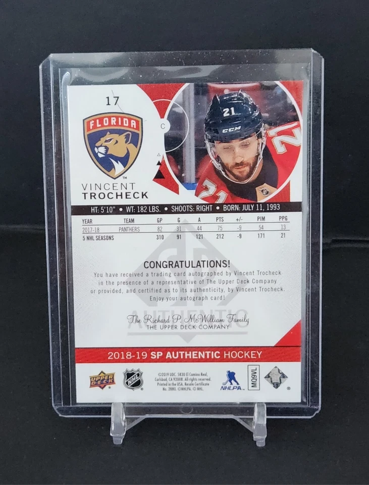 VINCENT TROCHECK 2018-19 UPPER DECK SP AUTHENTIC  AUTOGRAPH AUTO LIMITED #17 - Image 2 of 2