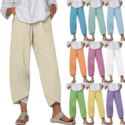Womens Ladies Cotton Linen Baggy Casual Harem Pants Summer Trousers Plus Size UK