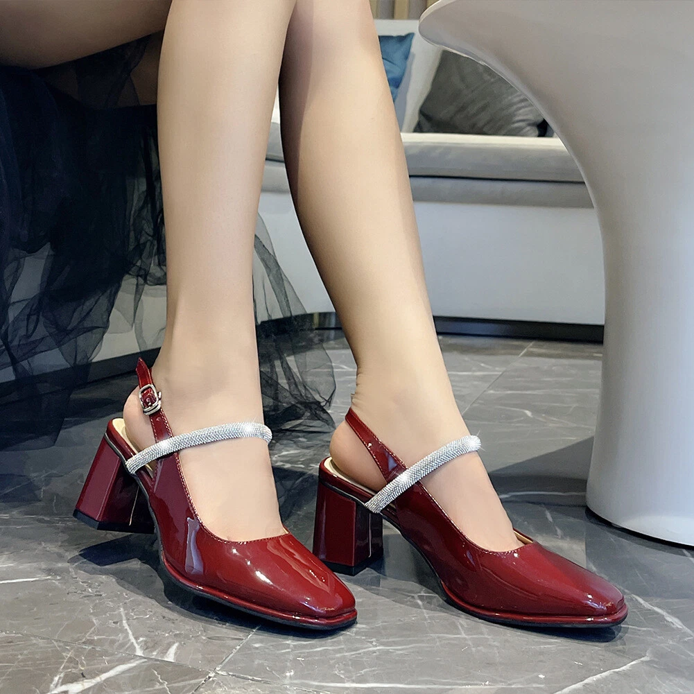 Women Fashion Ladies Square Toe Cuban Heel Slingback Shoes Mary Jane Pump Sandal