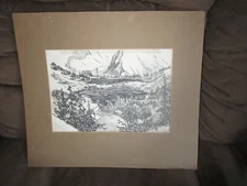 Original Sketch Mountain & Lake Scene 12" x 8.25" ,17.25" x15"