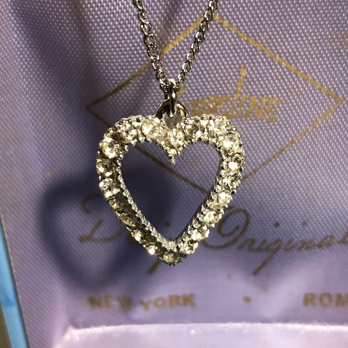 heart necklace man made diamonds silver tone chain