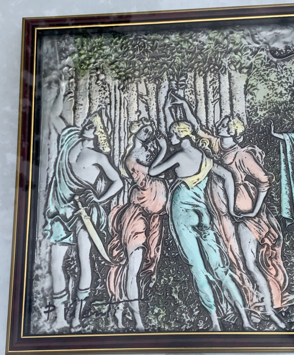 P. VALENTI EMBOSSED SILVER PLAQUE ART NOUVEAU CLASSICAL FIGURES IN