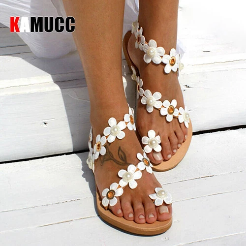 Sommer Boho Pearl Sandalen Damen Strand Sand Urlaub Schuhe Leder flach Übergröße - Bild 14 von 23