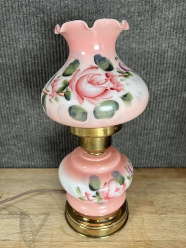 VTG Hand Painted Milk Glass Red Roses Purple Flowers Hurricane Lamp