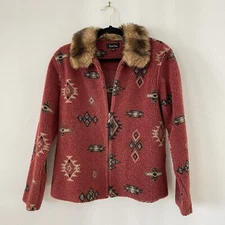 True Grit Tonto Fleece Jacket  Fur Colllar SouthWestern Red Sherpa Zip Cowgirl M