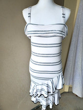 Venus Midi Dress Womens Medium White Gray Striped Ruffle Cold Shoulder Beach