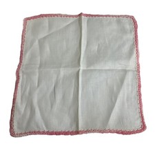 Vintage Solid White With Pink Crochet Hand Stitched Border Pocket Handkerchief