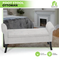 Gray Rectangle Storage Bench Fabric 25" Footstool w/Wood Legs&Upholstered Arms