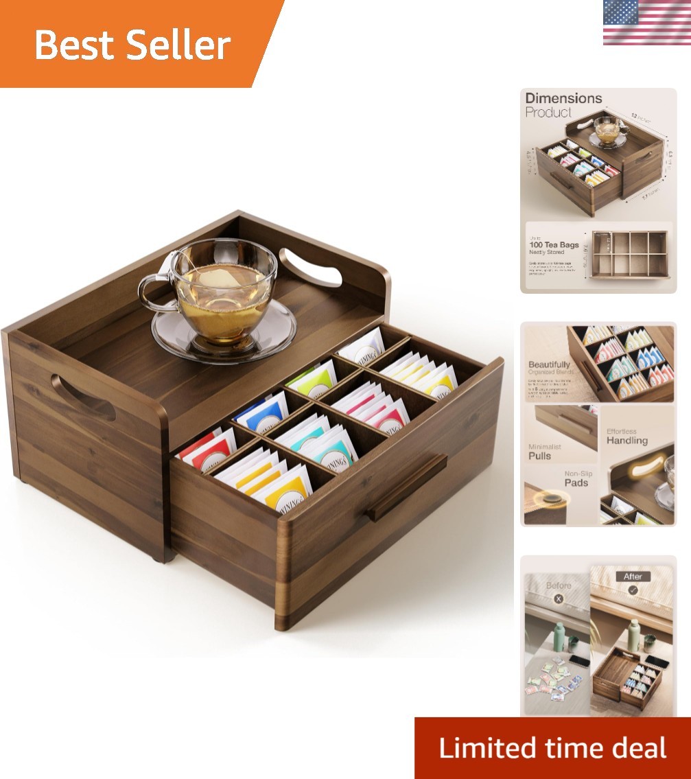 Organizer Wooden Tea Box Drawer Storage Countertop Tidy Comp
