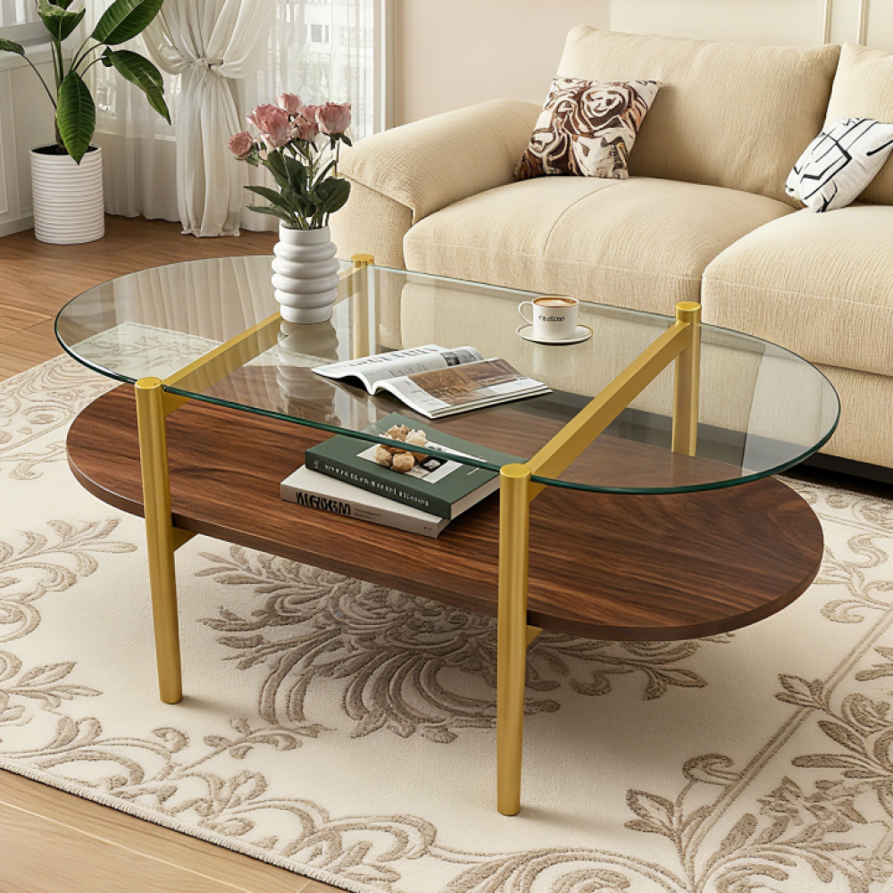 Glass Coffee Table Double-Layer Structure With Storage Function