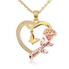 Heart Butterfly Rose Necklace 14k Gold Plated Pendant Women's Heart Necklace, Bi