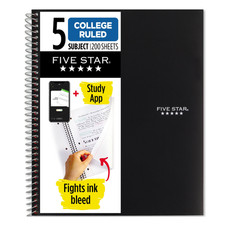 Five Star 5-Subject Spiral Notebook: 8 in. x 11-1/2 in. Black 