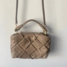 Valentina Fiore Italian Leather Taupe Woven Hand Shoulder Bag Purse Handmade