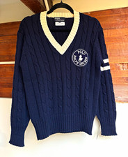 Polo Ralph Lauren Men's M Navy Cable-Knit V-Neck Wool Pullover Logo Crest Patch