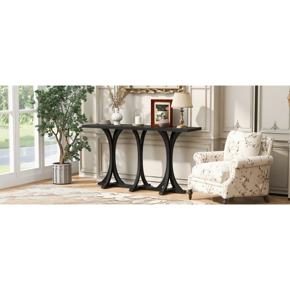 Wooden Console Table Oak Veneer Farmhouse Rubber Wood Slender Curved - Image 4 of 4