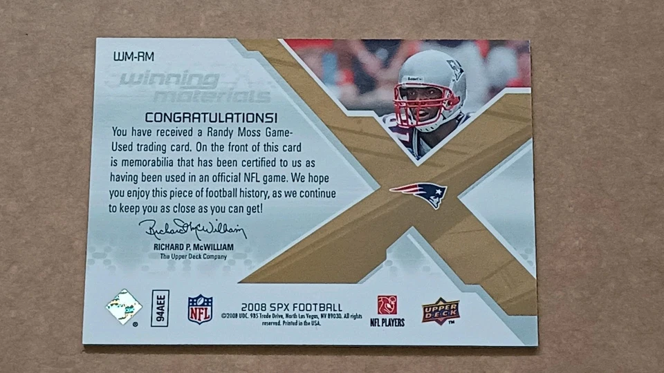 2008-UPPER DECK SPX-RANDY MOSS WINNING MATERIALS JERSEY-/99- PATRIOTS - Image 2 of 4