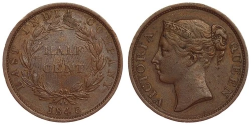 Photo of a 1845 East India Company 1/2 Cent from an eBay listing that sold on Jun 7, 2026