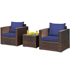 Patiojoy 3PCS Patio Rattan Furniture Set Conversation Sofa Cushioned Navy