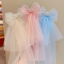 Crown Hair Clip Girls Bow Veil Birthday Photo Headpiece Sparkle Top Barrette