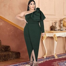 Green 3XL One Shoulder Ruffle Evening Bodycon Dress Long Sleeve Maxi