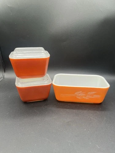 3 Pyrex Autumn Harvest Wheat Refrigerator Dish Set 501B, 502B, See Pics