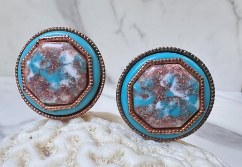 Venetian Murano TURQUOISE Blue Aventurine Sommerso Glass Clip Earrings, 1.25"