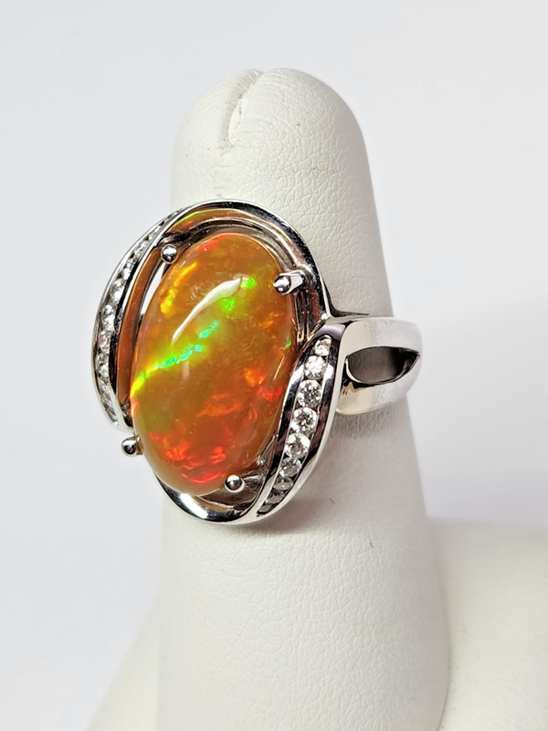 HUGE 14k White Gold WELO OPAL & Diamond Accent Freeform Ring Sz 9