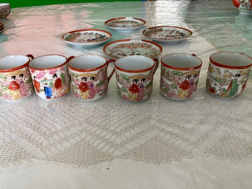 Satsuma Set 6 Tassen & 4 Teller Porzellan Vintage Japanische Geisha - Bild 2 von 9