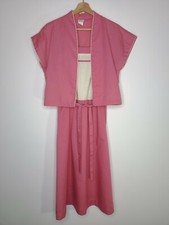 Vintage 70s Women Dress Set Pink and Ivory Jacket Belt Square Neck VTG Size 14