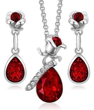 Red Crystal Flower Teardrop Pendant Necklace and Earrings Set Silver Valentine's