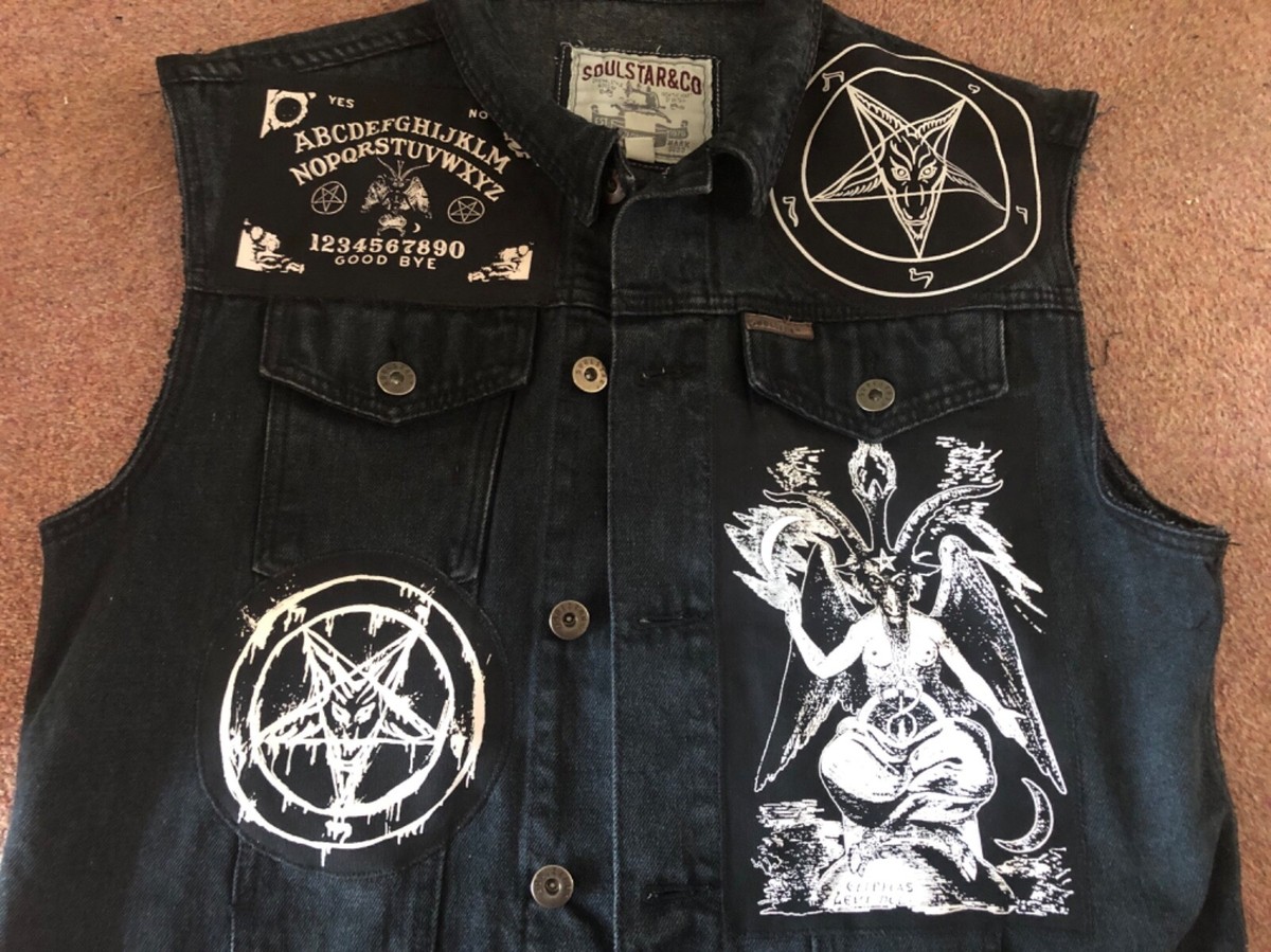 Satanic Jacket Baphomet Pentagram Battle Cut-Off Denim Vest Ouija Board  Metal XL