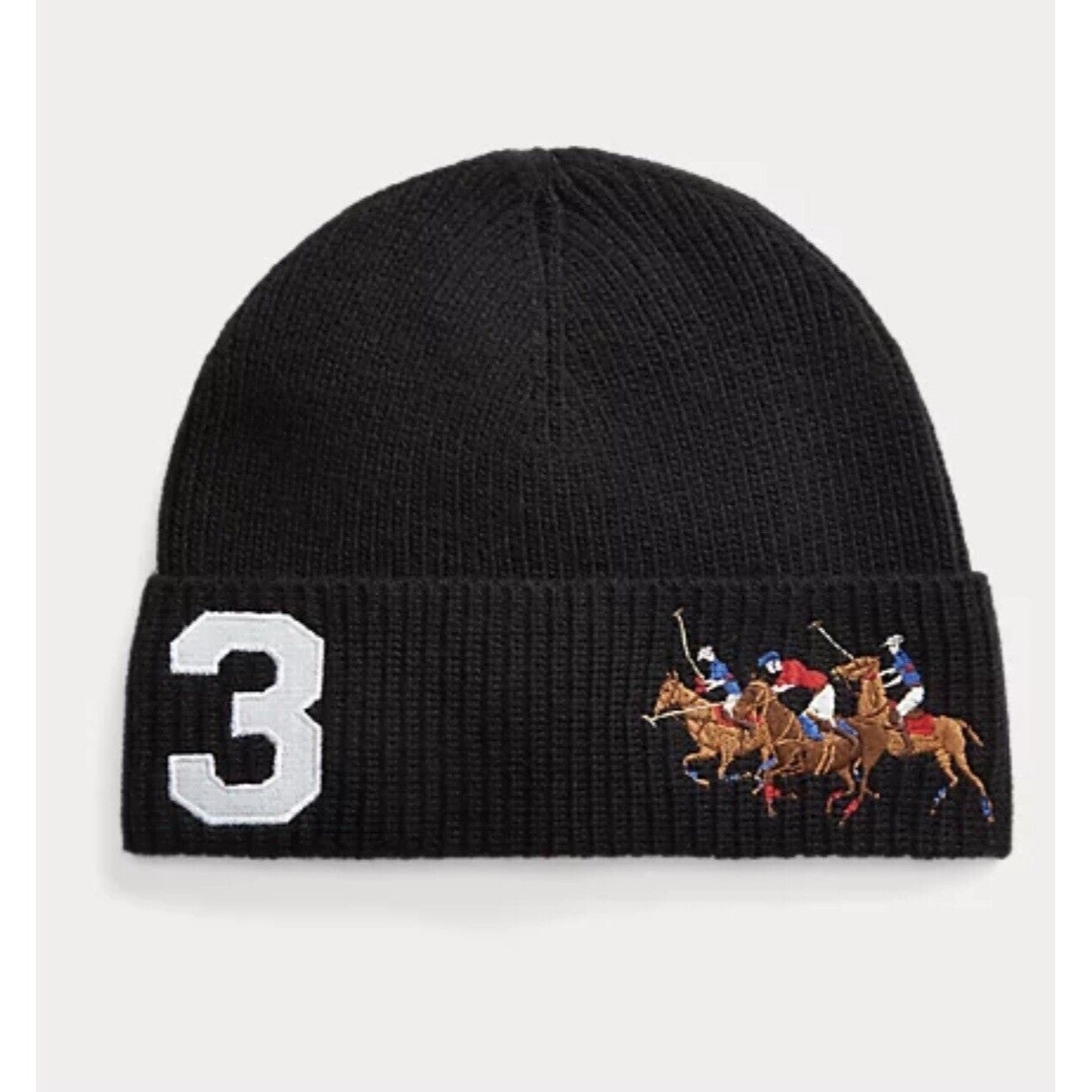 Polo Ralph Lauren da uomo nuova con etichette misto lana nera tripla pony lavorato a costine berretto O S