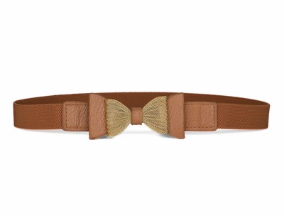 Ladies Bowknot Detail Press Button Closure Brown Elastic Cinch Belt (608641074246)