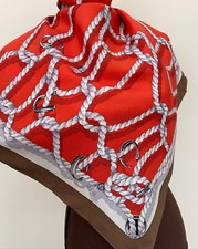 New Gucci Scarf GG Logo Orange Ropes Print Beige Border Silk Wrap
