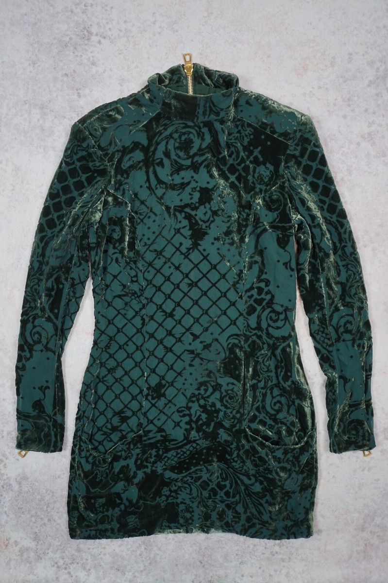 BALMAIN X H&M Velvet Green Dress Tunic Size 38 US8 US 8 Silk M Long Sleeve