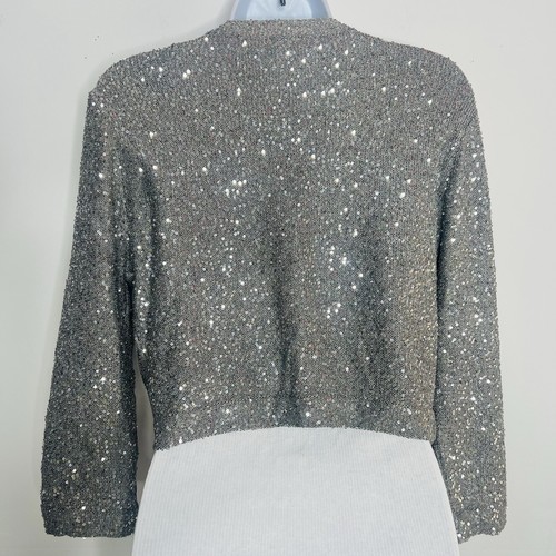 Oscar de la Renta Silber Seide Pailletten offen Bolero Pullover Shrug XL Old Money - Bild 5 von 7