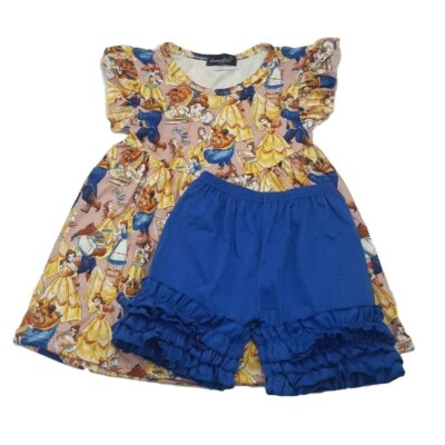Boutique Harmony Bee 6-7 Beauty & the Beast Blue Shortie Shorts Tunic Dress Set