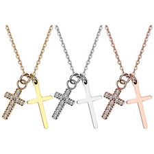 Women Exquisite Stainless Steel Double Cross Pendant Shiny Zircon Faith Necklace