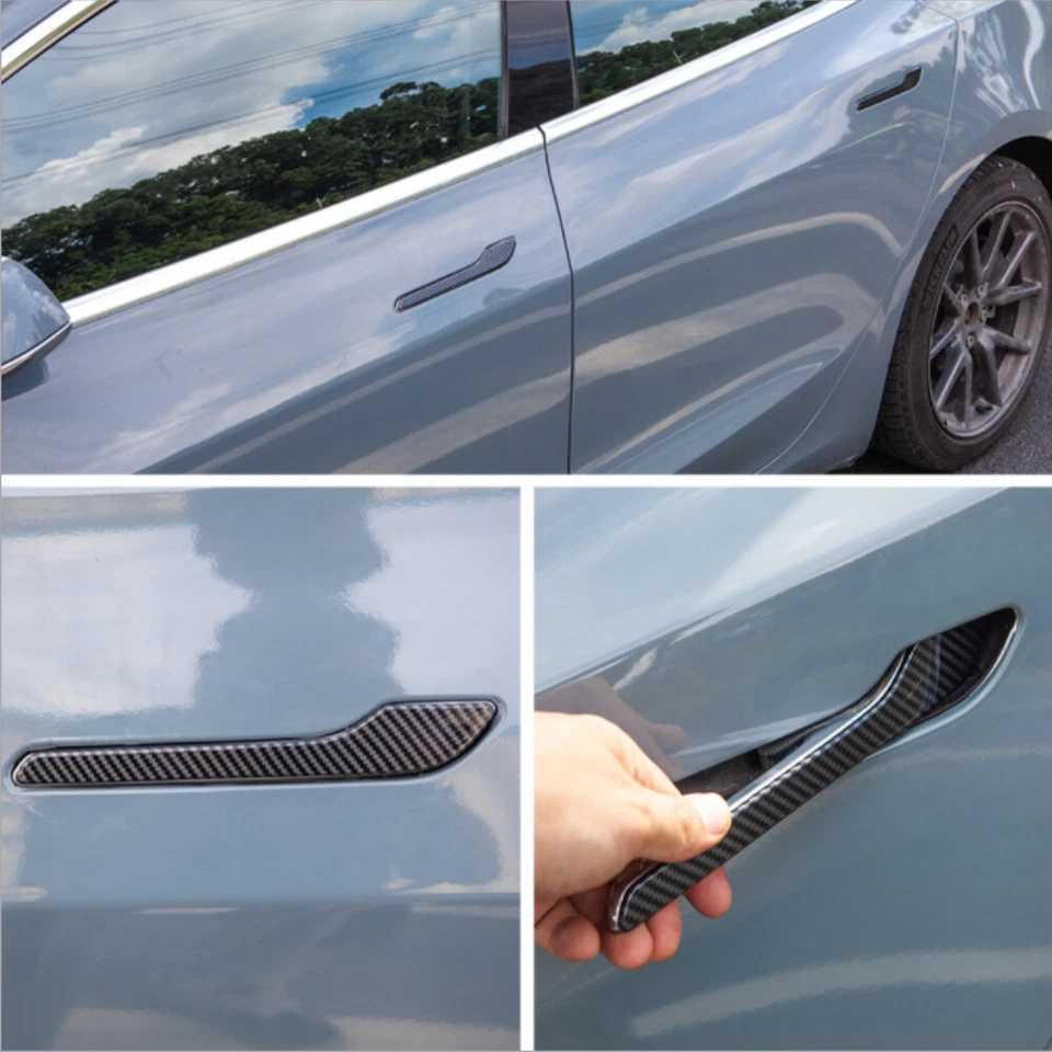 4x ABS Fibra de Carbono Tesla Modelo 3 Puertas Manija Cubierta Envoltura Protectora Adhesiva Foto 3 de 4