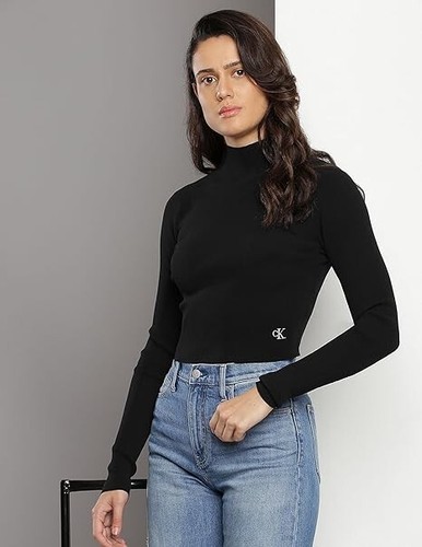 Calvin Klein Damen Cropped Pullover Pulli High Neck Langarm Schwarz, Medium - Bild 11 von 14