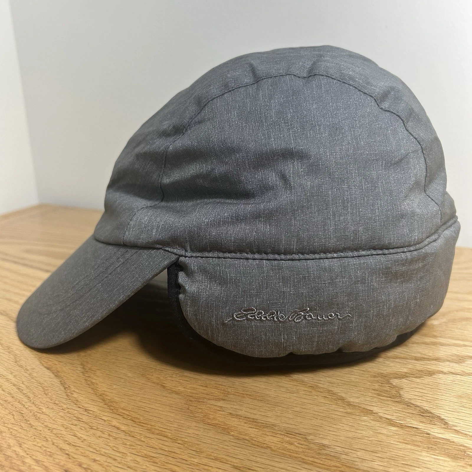 Eddie Bauer Winter Ear Flap Cap Hat Gray Fleece Lined Mens S/M Down Insulated