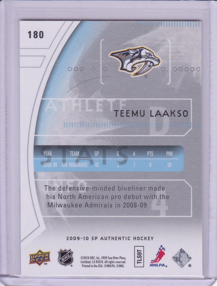 Teemu Laakso Future Watch 2009-10 SP Authentic Hockey Card Number 180 876/999 - Image 2 of 2