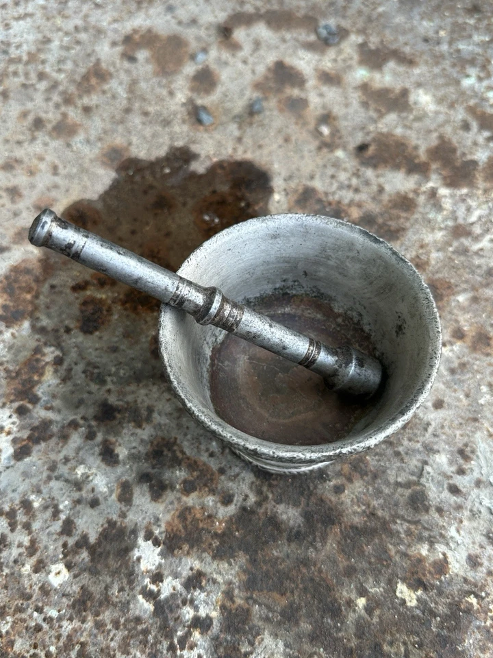 Ancient Old Copper Silver Plated Spices Grinder Mortar Pestle 1890 - Image 3 of 4