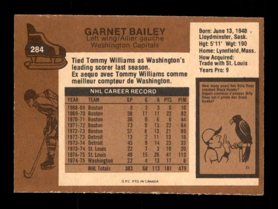 1975 O-Pee-Chee NHL #284 Garnet Bailey  NM/NM+ X3292791 - Image 2 of 3