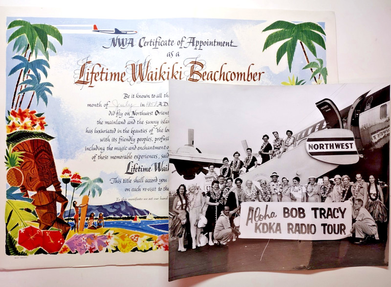 KDKA Radio Pgh 1958 Bob Tracy Northwest Airlines Hawaii Flight Certificate Photo