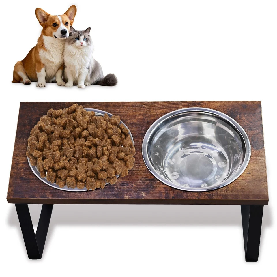 Dog Bowl Stand Double Bowl Wooden Cat Dog Feeder for Small Dogs and Cats